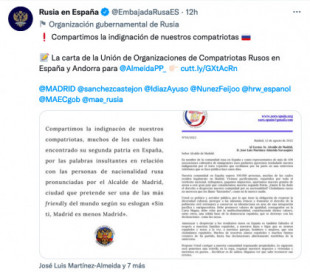 Madrid, carta al alcalde desde la embajada de Rusia en España: «¿Quién le ha dado el derecho a despreciar nuestra comunidad por su nacionalidad?»